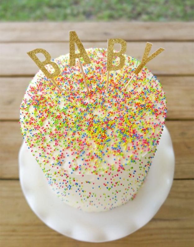 Baby Shower Cakes DIY - Sprinkle-tastic Gender Reveal Cake - Easy Cake Recipes and Cupcakes to Make For Babies Showers - Ideas for Boys and Girls, Neutral, for Twins