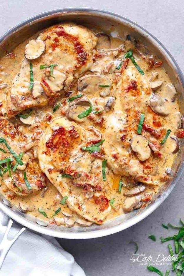 Chicken Breast Recipes - Creamy Sun Dried Tomato Parmesan Chicken - Healthy, Easy Chicken Recipes for Dinner, Lunch, Parties and Quick Weeknight Meals - Boneless Chicken Breast Casserole Recipes, Oven Baked Ideas, Crockpot Chicken Breasts, Marinades for Grilled Foods, Salads, Shredded Chicken Tacos, Creamy Pasta, Keto and Low Carb, Mexican, Asian and Italian Food http://diyjoy.com/chicken-breast-recipes