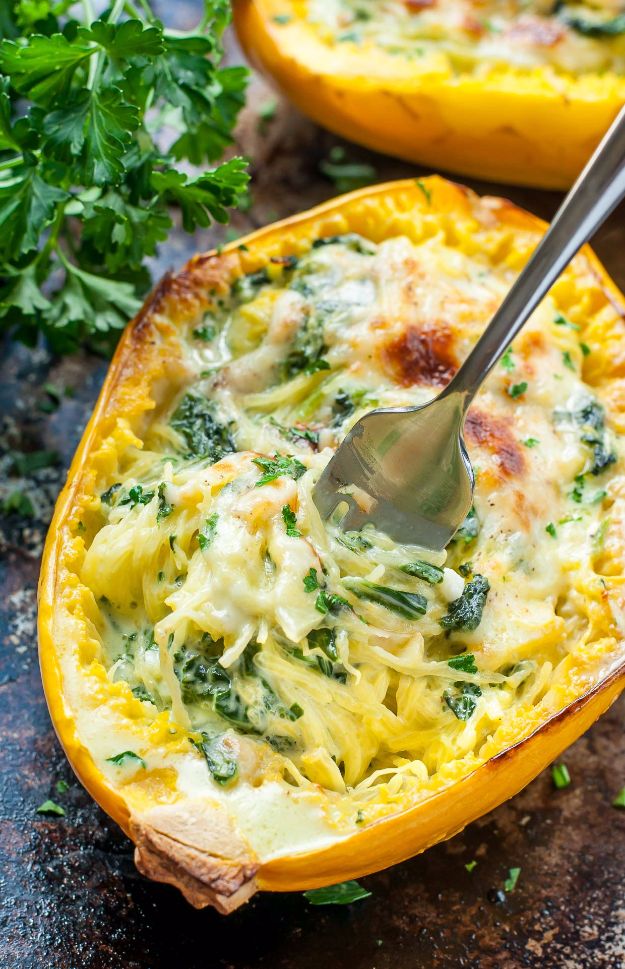 Best Spinach Recipes - Cheesy Garlic Parmesan Spinach Spaghetti Squash - Easy, Healthy Lowfat Recipe Ideas for Dinner, Salads, Lunches, Sides, Smoothies and Even Dessert - Qucik and Creative Ideas for Vegetables - Cheesy, Creamed, Country Style Favorites for Family and For Kids http://diyjoy.com/best-spinach-recipes