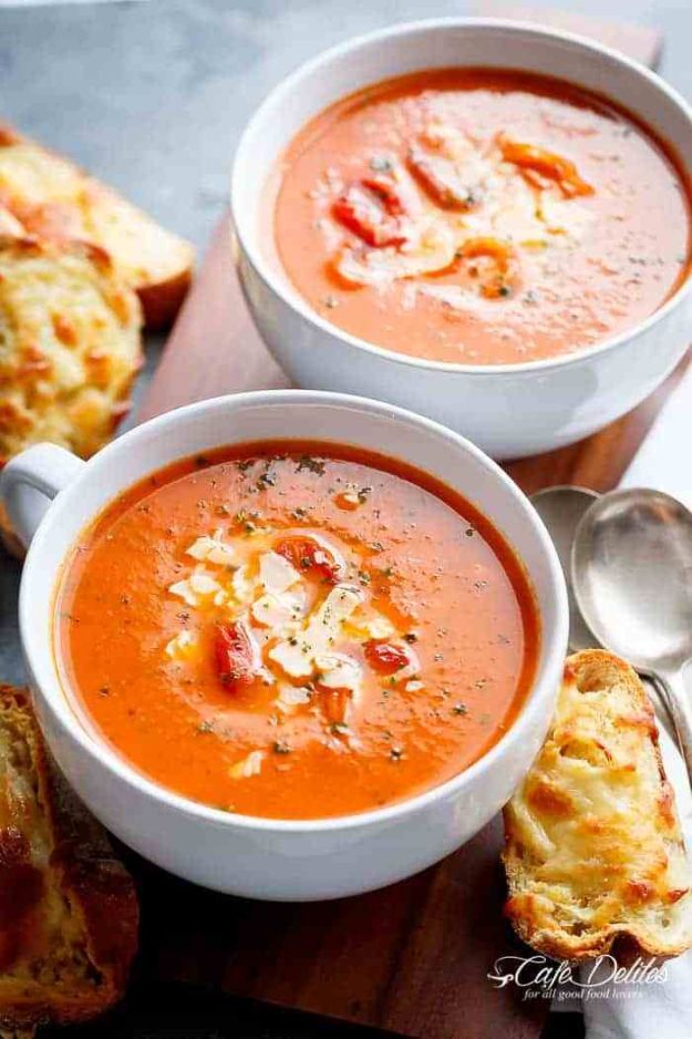 Soup Recipes - Creamy Roasted Tomato Basil Soup - Healthy Soups and Recipe Ideas - Easy Slow Cooker Dishes, Soup Recipe for Chicken, Sausage, With Ground Beef, Potato, Vegetarian, Mexican and Asian Varieties - Creamy Soups for Winter and Fall - Low Carb and Keto Meals - Quick Bean Soup and Copycat Recipes http://diyjoy.com/soup-recipes