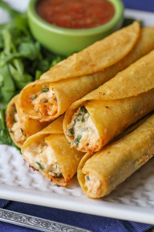 Best Mexican Food Recipes - Cream Cheese And Chicken Taquitos - Authentic Mexican Foods and Recipe Ideas for Casseroles, Quesadillas, Tacos, Appetizers, Tamales, Enchiladas, Crockpot, Chicken, Beef and Healthy Foods - Desserts and Dessert Ideas Like Churros , Flan amd Sopapillas #recipes #mexicanfood #mexicanrecipes #recipeideas #mexicandishes http://diyjoy.com/mexican-food-recipes