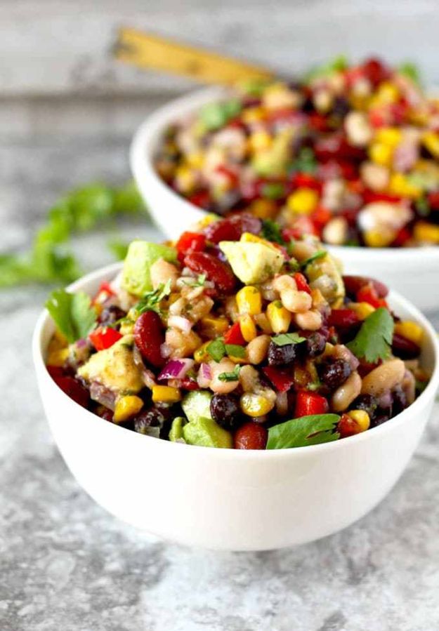 Best Mexican Food Recipes - Mexican Three Bean Salad - Authentic Mexican Foods and Recipe Ideas for Casseroles, Quesadillas, Tacos, Appetizers, Tamales, Enchiladas, Crockpot, Chicken, Beef and Healthy Foods - Desserts and Dessert Ideas Like Churros , Flan amd Sopapillas #recipes #mexicanfood #mexicanrecipes #recipeideas #mexicandishes http://diyjoy.com/mexican-food-recipes