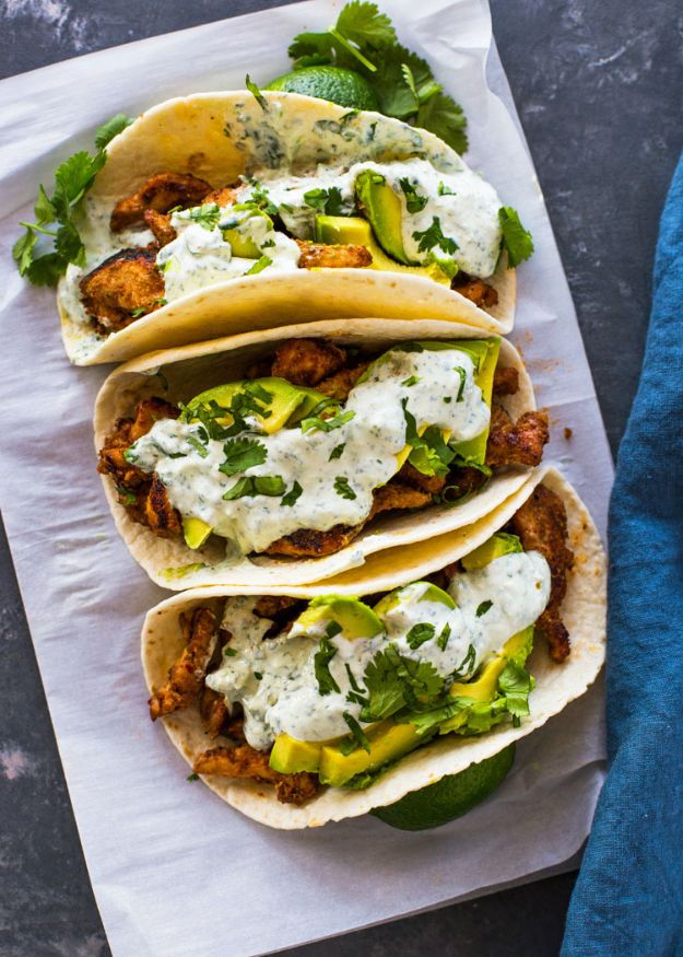 Best Mexican Food Recipes - Chicken And Avocado Tacos With Creamy Cilantro Sauce - Authentic Mexican Foods and Recipe Ideas for Casseroles, Quesadillas, Tacos, Appetizers, Tamales, Enchiladas, Crockpot, Chicken, Beef and Healthy Foods - Desserts and Dessert Ideas Like Churros , Flan amd Sopapillas #recipes #mexicanfood #mexicanrecipes #recipeideas #mexicandishes http://diyjoy.com/mexican-food-recipes