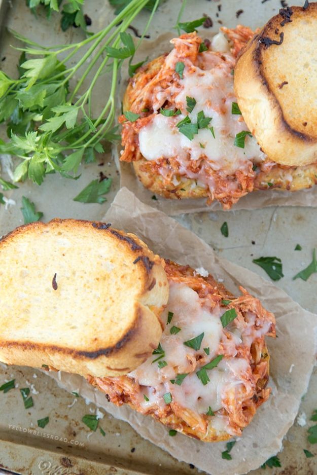 Easy Recipes For Rotisserie Chicken - Shredded Chicken Parmesan Sandwich - Healthy Recipe Ideas for Leftovers - Comfort Foods With Chicken - Low Carb and Gluten Free, Crock Pot Meals, Appetizers, Salads, Sour Cream Enchiladas, Pasta, One Pot Meals and Casseroles for Quick Dinners http://diyjoy.com/recipes-rotisserie-chicken
