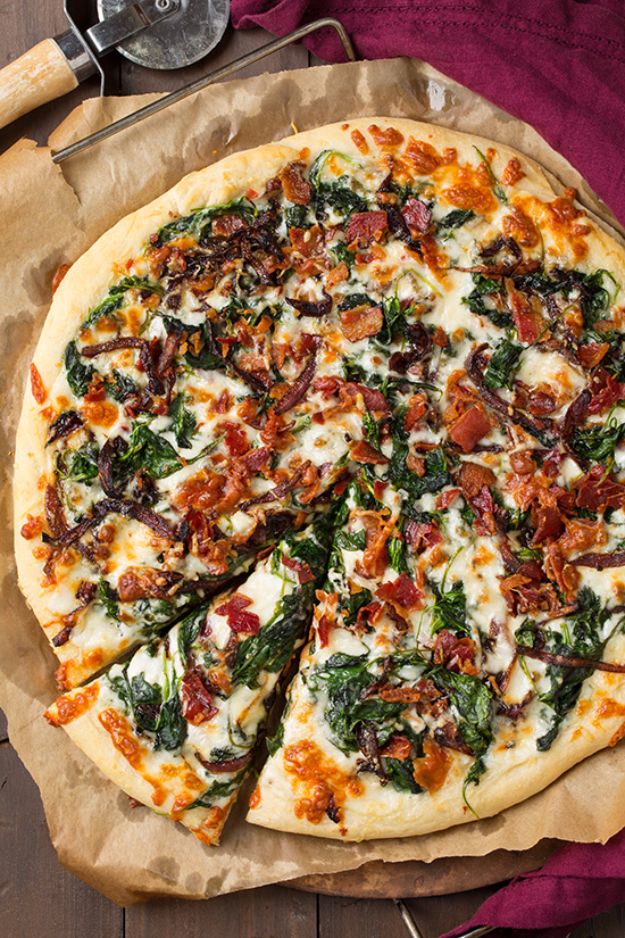 Best Pizza Recipes - Caramelized Onion, Bacon and Spinach Pizza - Homemade Pizza Recipe Ideas for Healthy, Easy Dinner, Lunch and Snacks - How To Make Pizza Dough at Home - Step by Step Tutorials for Varieties with Pepperoni, Gourmet and Unique Tips With Pillsbury Biscuits, for Kids, With Chicken and French Bread - Thin Crust and Deep Dish Pizzas http://diyjoy.com/best-pizza-recipes