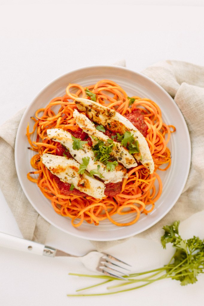 Sweet Potato Noodles with Chicken and Tomato Basil Sauce