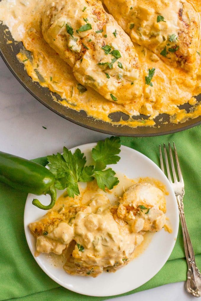 Chicken breasts with jalapeño cheddar sauce are an easy, one-pot dinner! | FamilyFoodontheTable.com