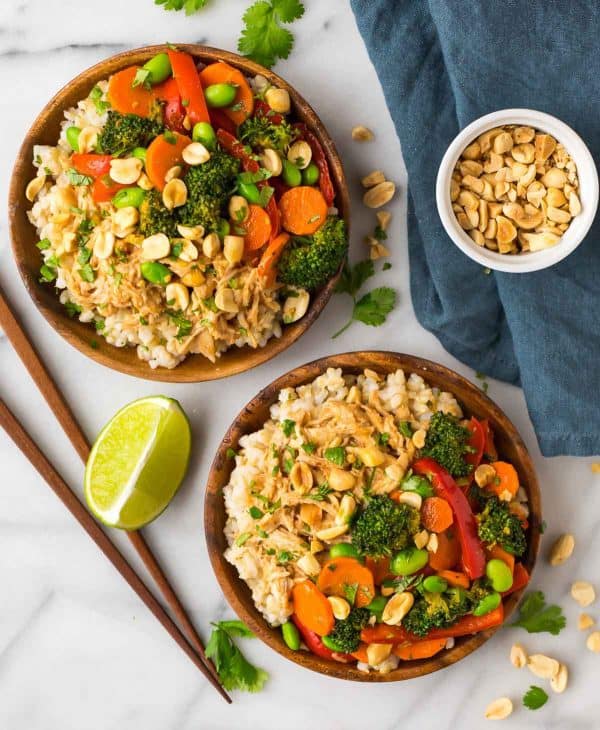 Easy Peanut Chicken with Veggies and Rice. A quick and healthy leftover shredded chicken recipe!