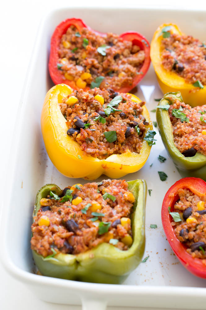Healthy Mexican Quinoa and Turkey Stuffed Peppers | chefsavvy.com #recipe #healthy #quinoa #turkey #peppers #Mexican