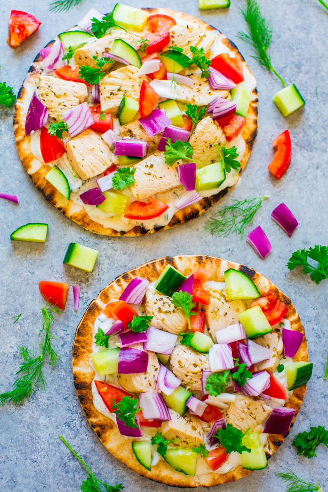 Greek Chicken Pita Pizzas - Chicken gyros transformed into FAST, EASY, and HEALTHY pita pizzas!! There