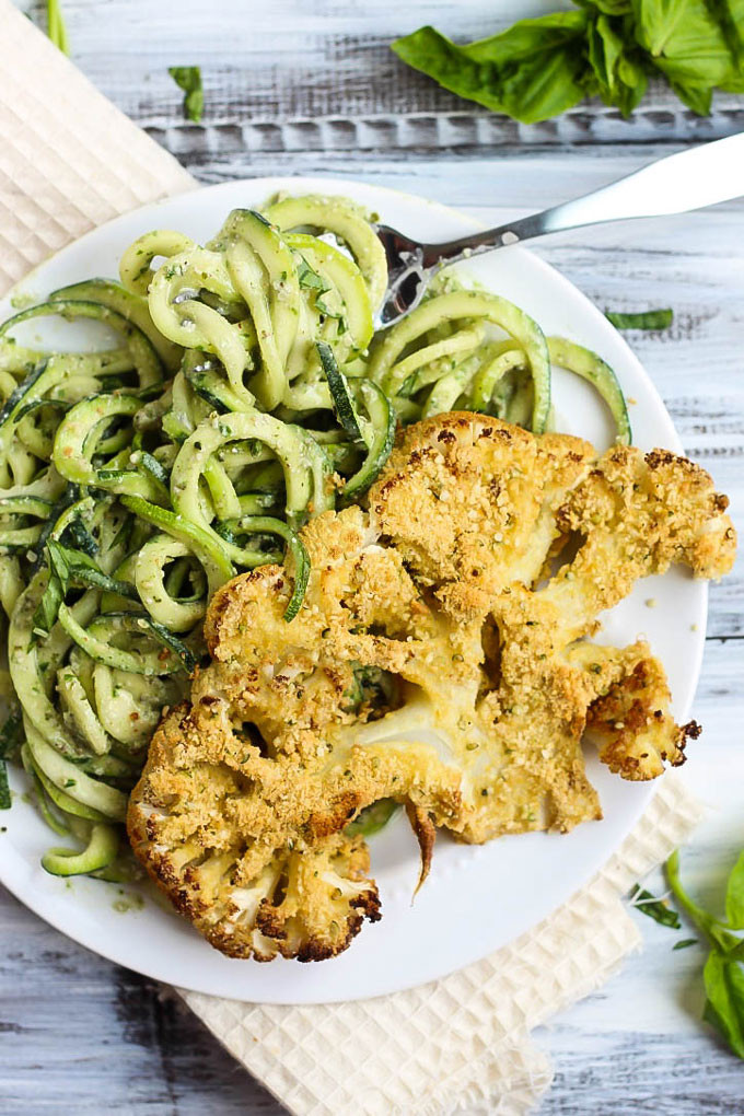 Cauliflower Steaks Vegan
 Vegan Parmesan Cauliflower Steaks over Hemp Pesto Zoodles