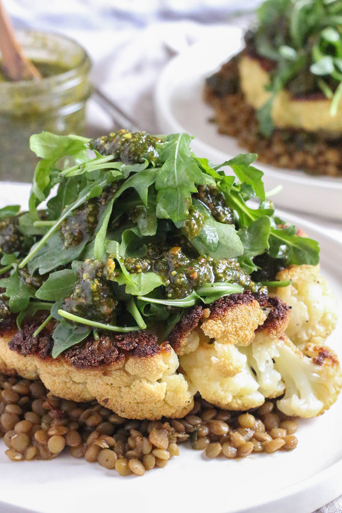 Cauliflower Steaks Vegan
 Cauliflower Steaks with Lentils & Pistachio Mint Pesto