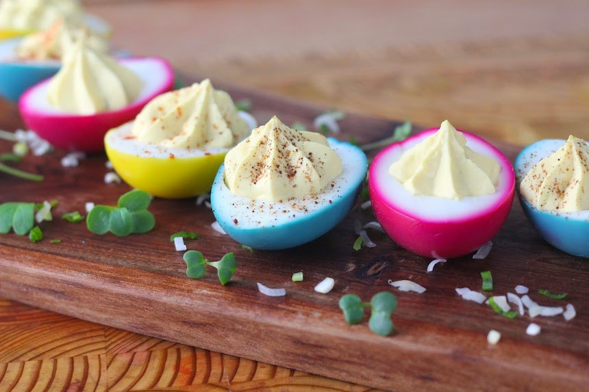 Colored Easter Deviled Eggs
 Kitchen Vignettes by Aubergine Rainbow Deviled Eggs