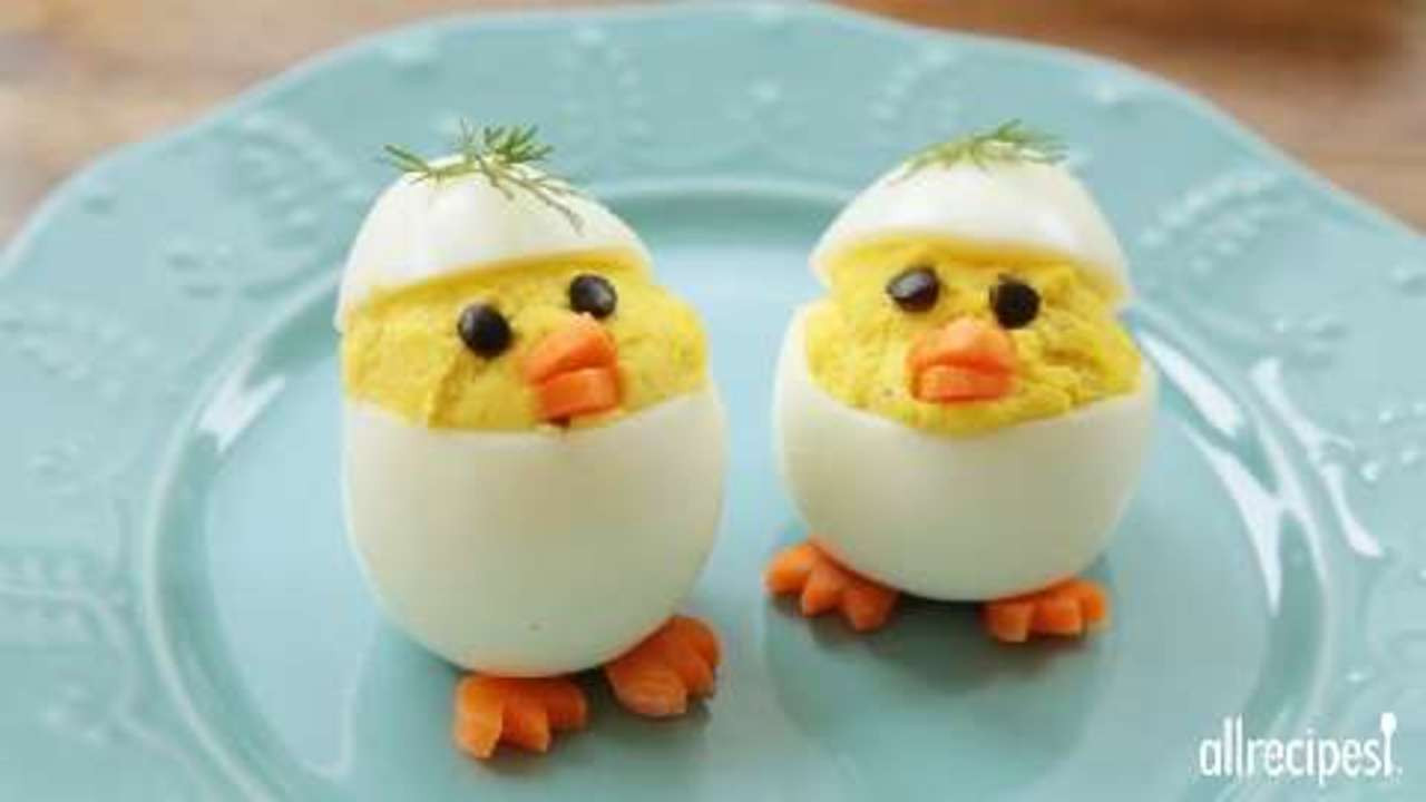 Deviled Eggs Easter Chicks
 Easter Chick Deviled Eggs Video Allrecipes