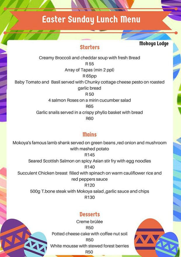Easter Sunday Dinner Menu
 Easter in Hartbeespoort – Stay Eat & Play