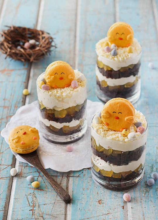 Easter Trifle Desserts
 raspberri cupcakes Easter Trifles with Chick Macarons