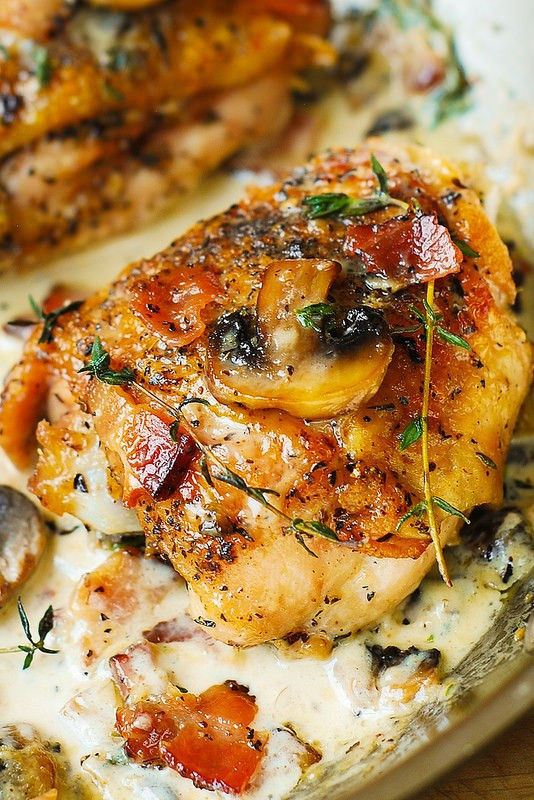 Keto Baked Chicken Thighs
 Keto Chicken Thighs with Creamy Bacon Mushroom Thyme