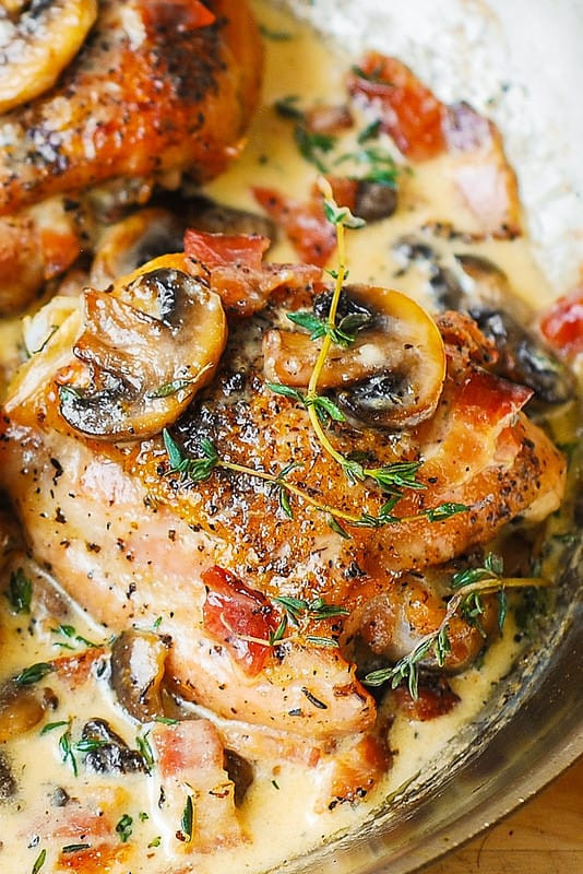 Low Calorie Chicken Thigh Recipes
 Chicken Thighs with Creamy Bacon Mushroom Thyme Sauce