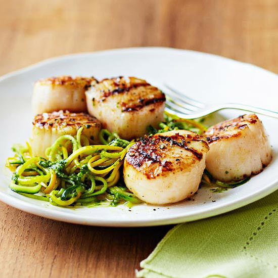 Low Calorie Scallop Recipes
 Grilled Scallops with Almond Arugula Pesto