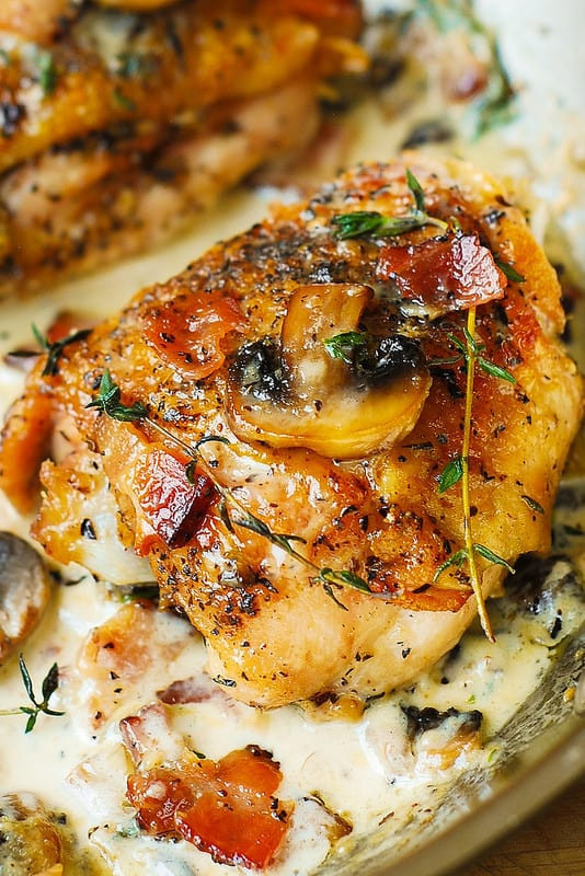 Low Fat Chicken Thigh Recipes
 Chicken Thighs with Creamy Bacon Mushroom Thyme Sauce