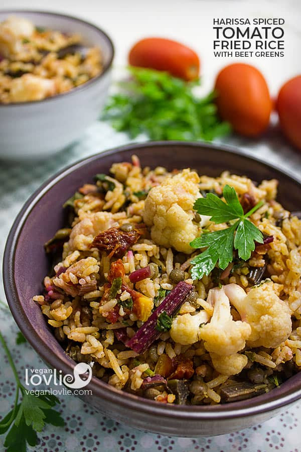 Middle Eastern Vegan Recipes
 Harissa Spiced Tomato Fried Rice with Lentils and Beet Greens