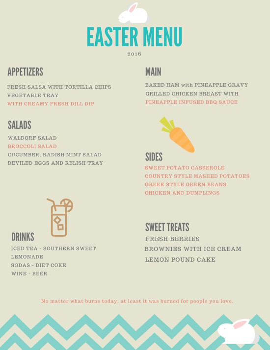 Non Traditional Easter Dinner
 Easter Menu Printable and My Non Traditional Easter Dinner