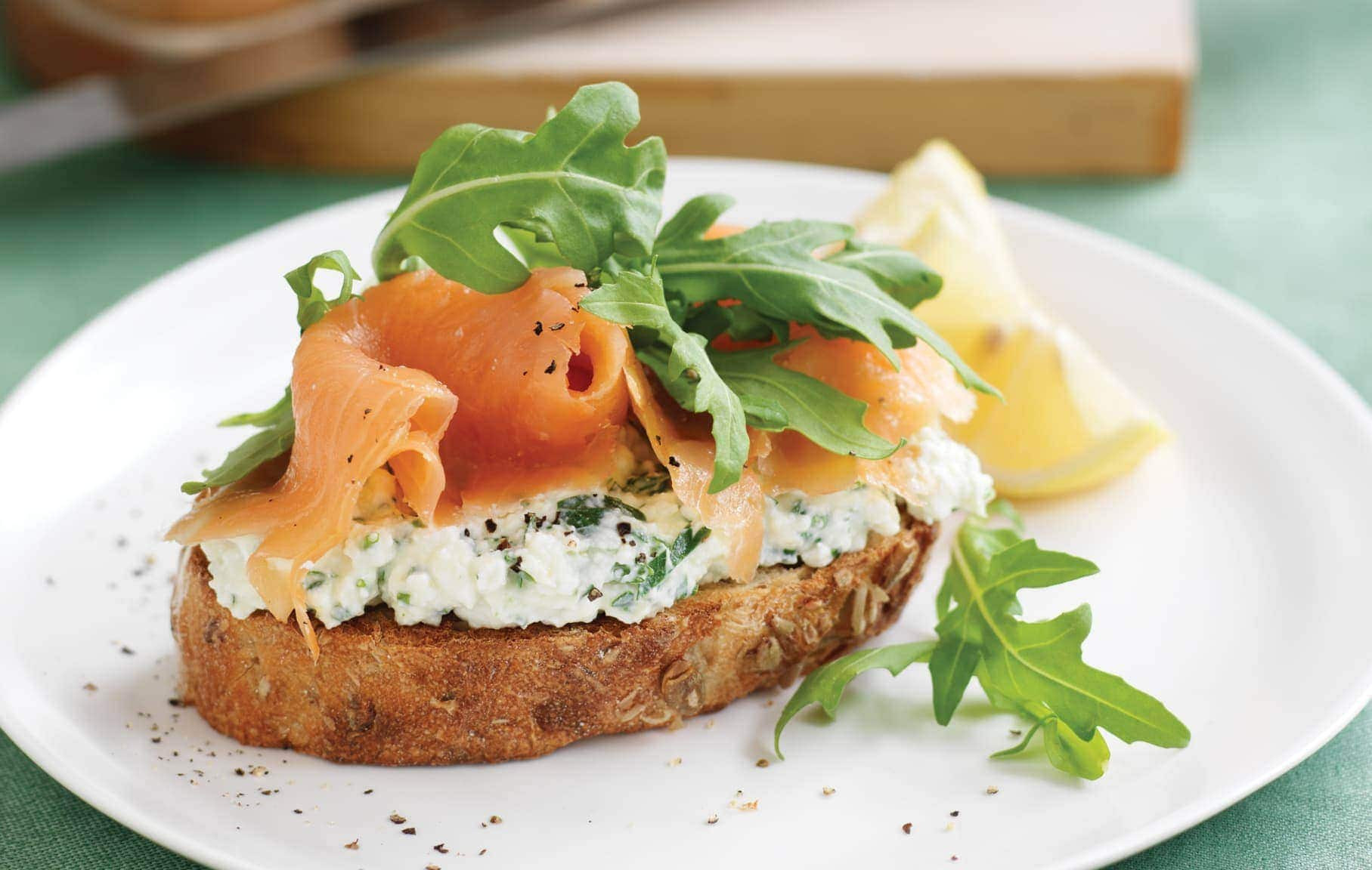 Smoked Salmon Healthy
 Wholegrain bread with herb cottage cheese smoked salmon