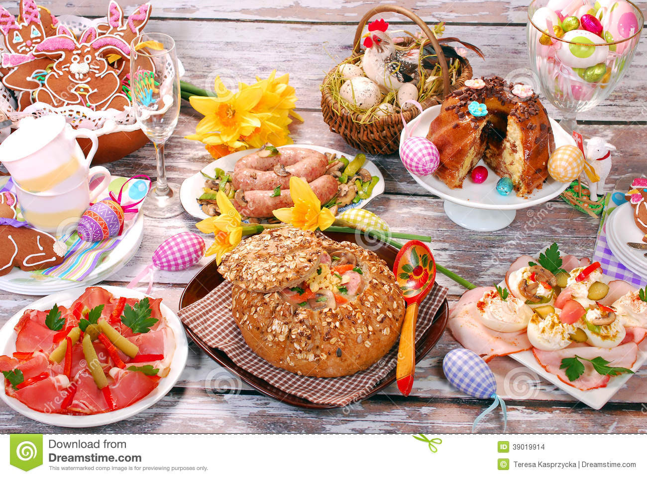 Traditional Polish Easter Dinner
 White Borscht In Bread And Other Dishes For Easter Stock