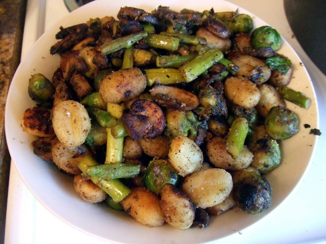 Vegan Brussel Sprouts Recipes
 Crispy Gnocchi With Mushrooms Asparagus and Brussels