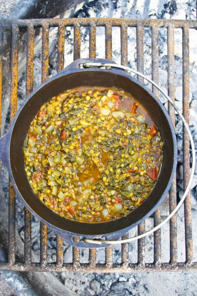 Vegan Dutch Oven Camping Recipes
 Campfire Dutch Oven Recipe Spiced Red Lentils Spinach