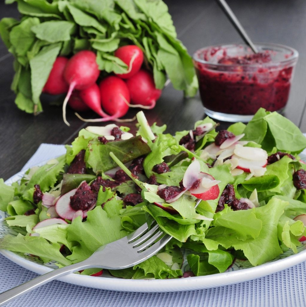 Vegan Radish Recipes
 Blueberry Salad Dressing over Almond Radish salad Vegan