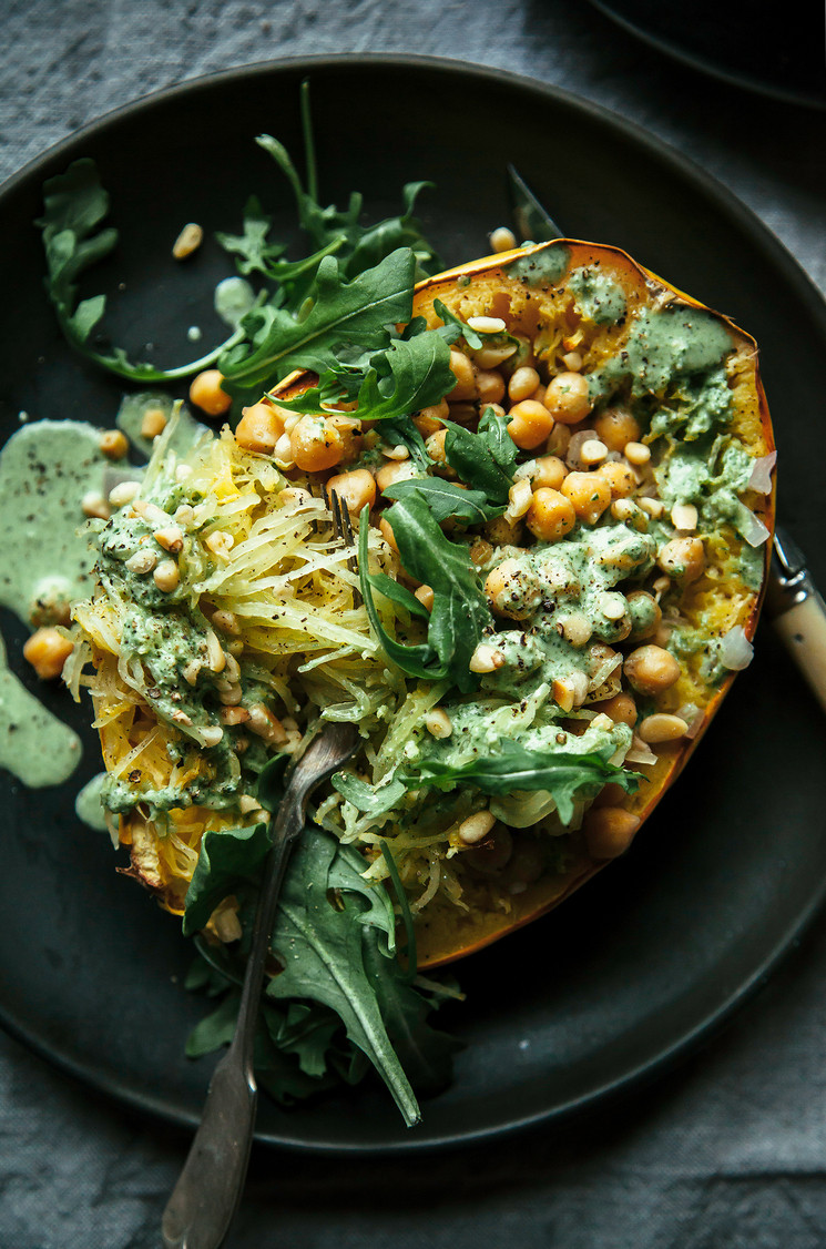 Vegan Spaghetti Squash Recipes
 STUFFED SPAGHETTI SQUASH WITH CHICKPEAS & GARLICKY ARUGULA