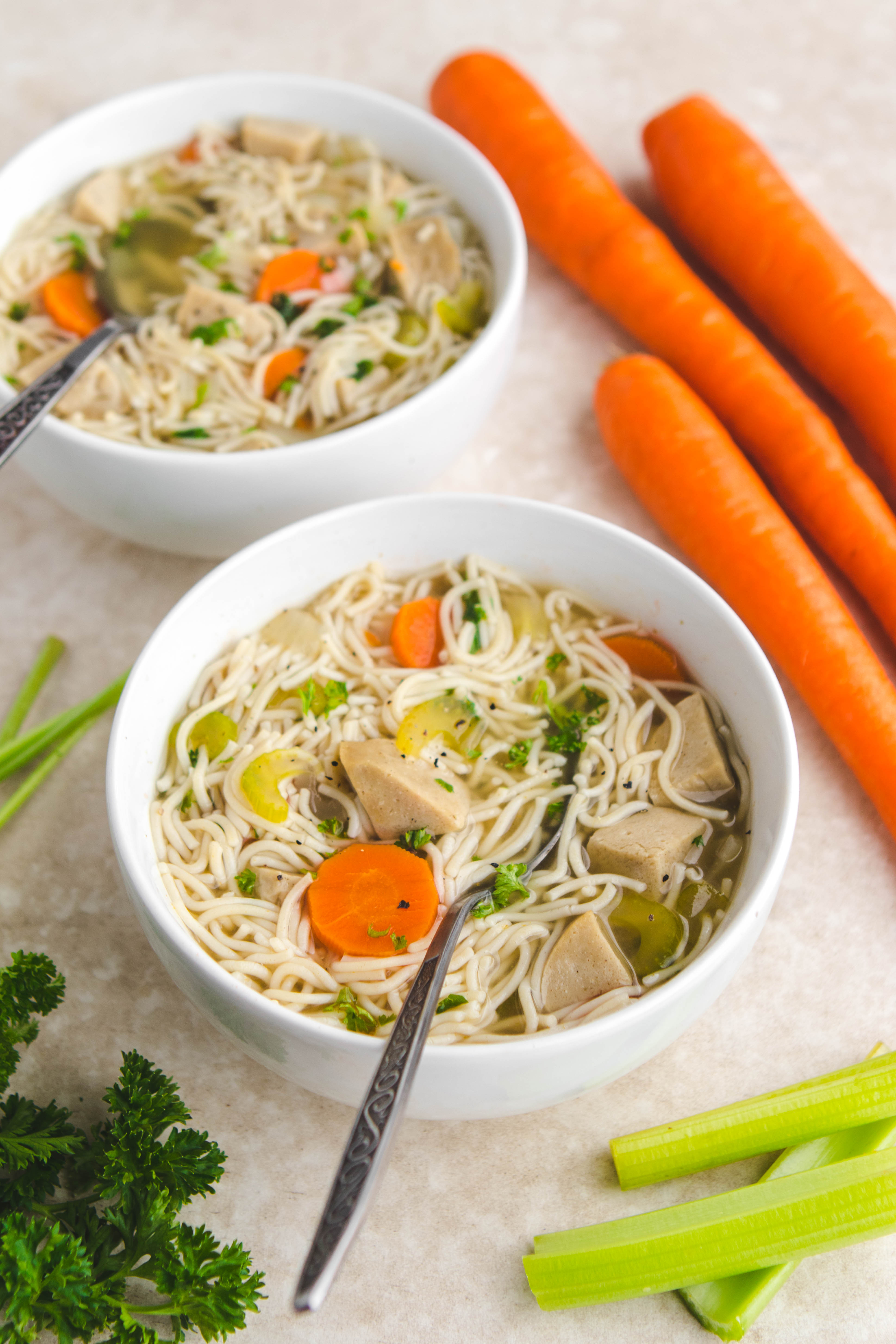 Vegetarian Chicken Noodle Soup
 Loaded Vegan "Chicken" Noodle Soup From My Bowl