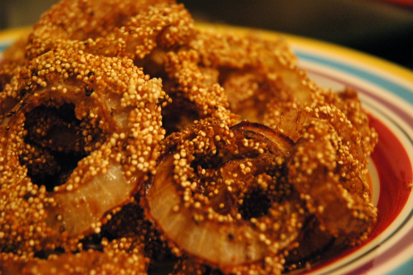 Vegetarian Onion Rings
 The Everyday Ve arian Quinoa battered onion rings