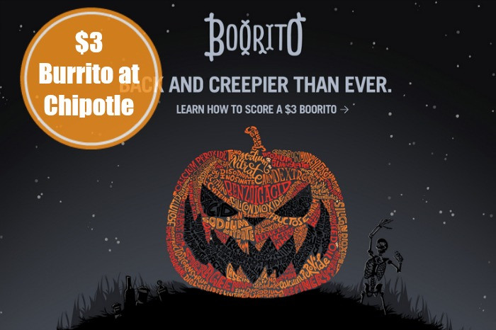 3 Chipotle Burritos Halloween
 $3 00 Chipotle Burrito on Halloween 5pm CloseLiving