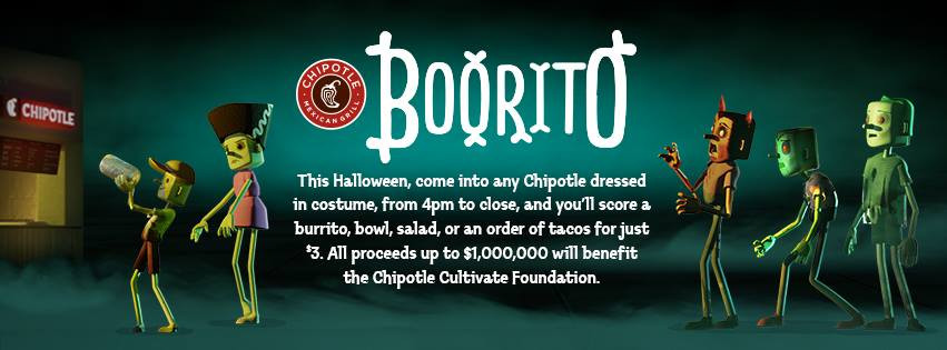 3 Chipotle Burritos Halloween
 Chipotle Burrito Bowl Salad or Order of Tacos ly $3