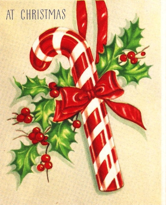 Candy Cane Christmas Cards
 Vintage Christmas Card Candy Cane by PaperPrizes on Etsy
