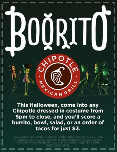 Chipotle Burritos Halloween
 Chipotle Halloween $3 Burrito Bowl Taco or Salad $3 00
