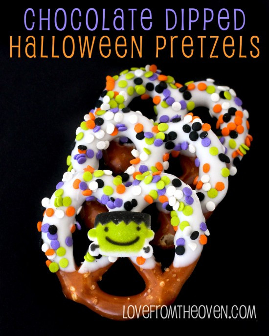 Chocolate Dipped Pretzels For Halloween
 Chocolate Covered Halloween Pretzels Love From The Oven