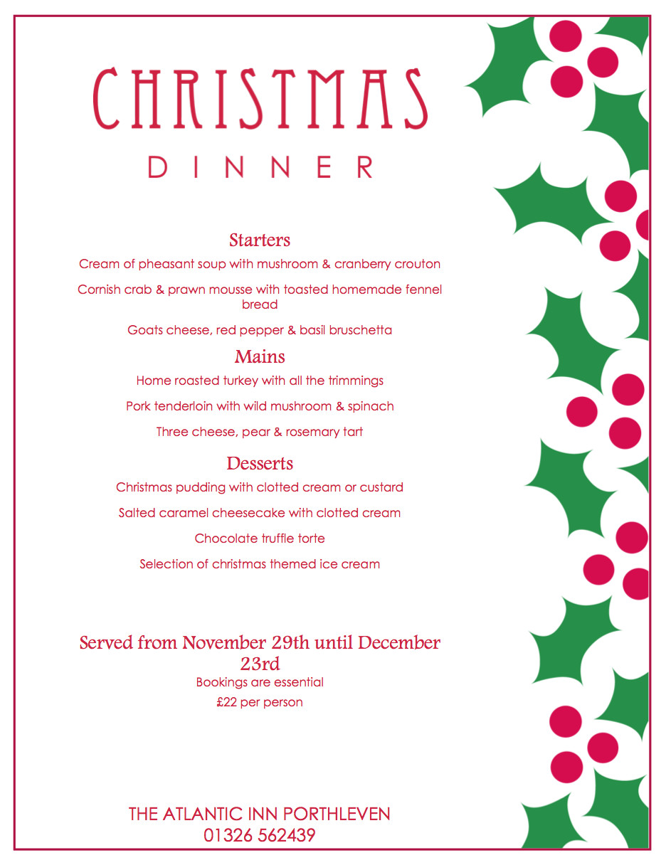Christmas Dinner Menu
 Christmas Party Menu and New Year’s Eve Dinner 2015