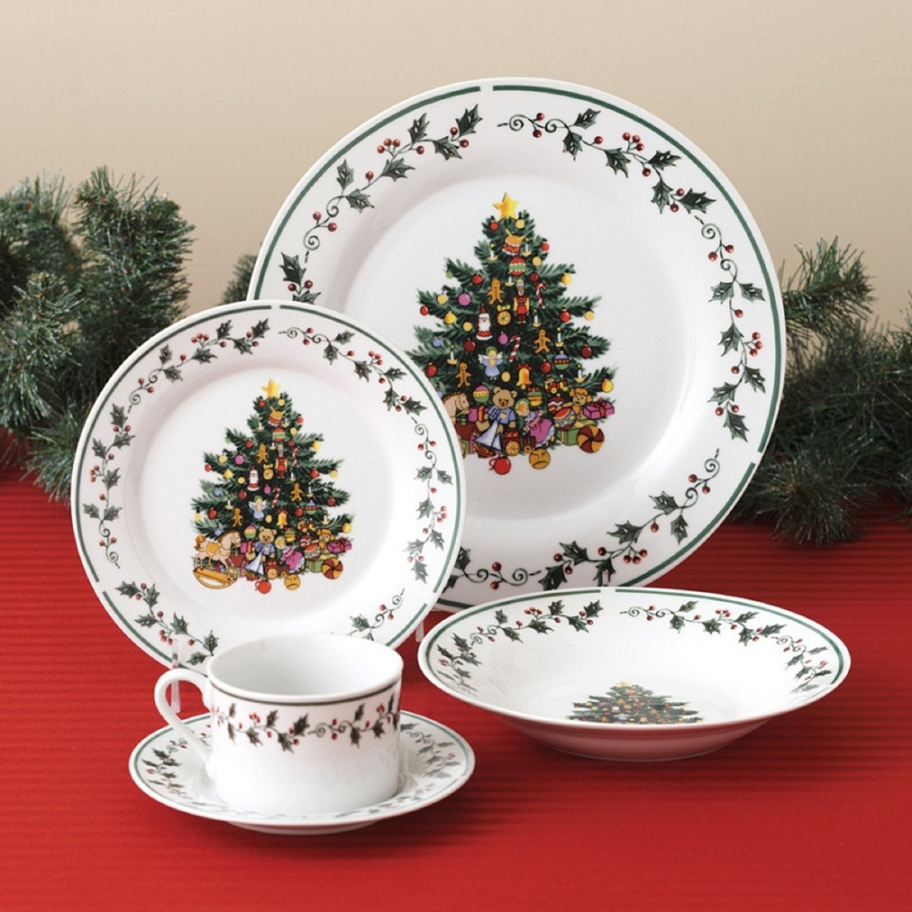 Christmas Dinner Set
 Christmas Holidays Tree Trimmings Holly 20 Piece Porcelain