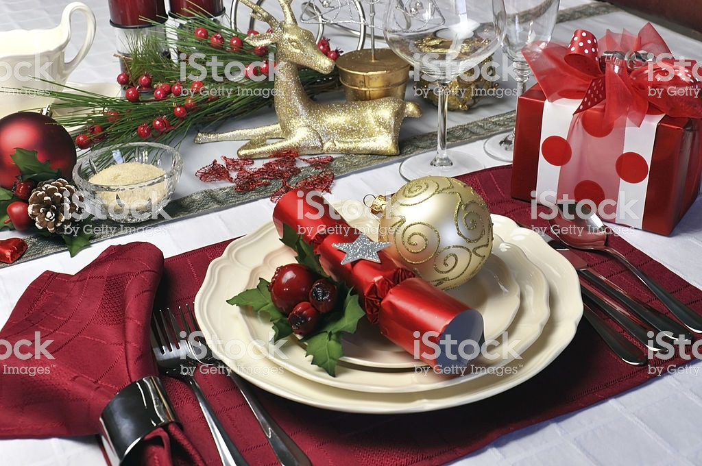 Christmas Themed Dinners
 Red Theme Christmas Dinner Table Setting Stock