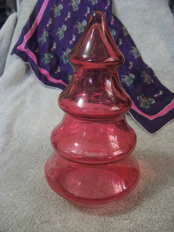 Christmas Tree Candy Jar
 Vintage Red Glass Christmas Tree Shaped Candy Jar with Plastic