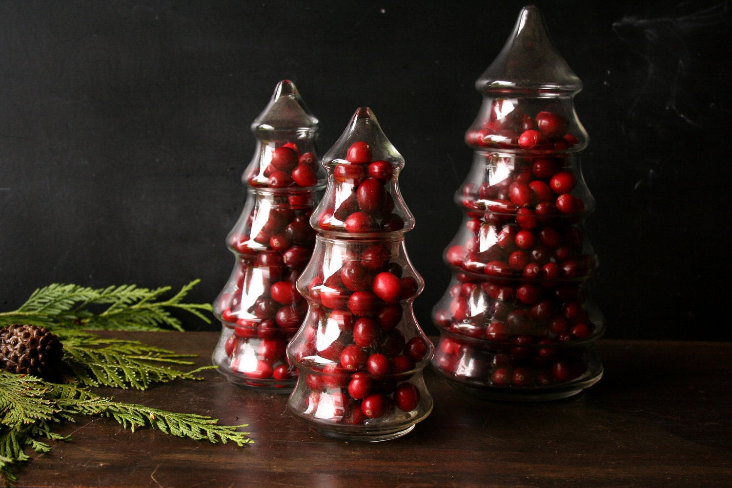 Christmas Tree Candy Jars
 Three Glass Pine Tree Candy Jar Christmas Centerpiece From