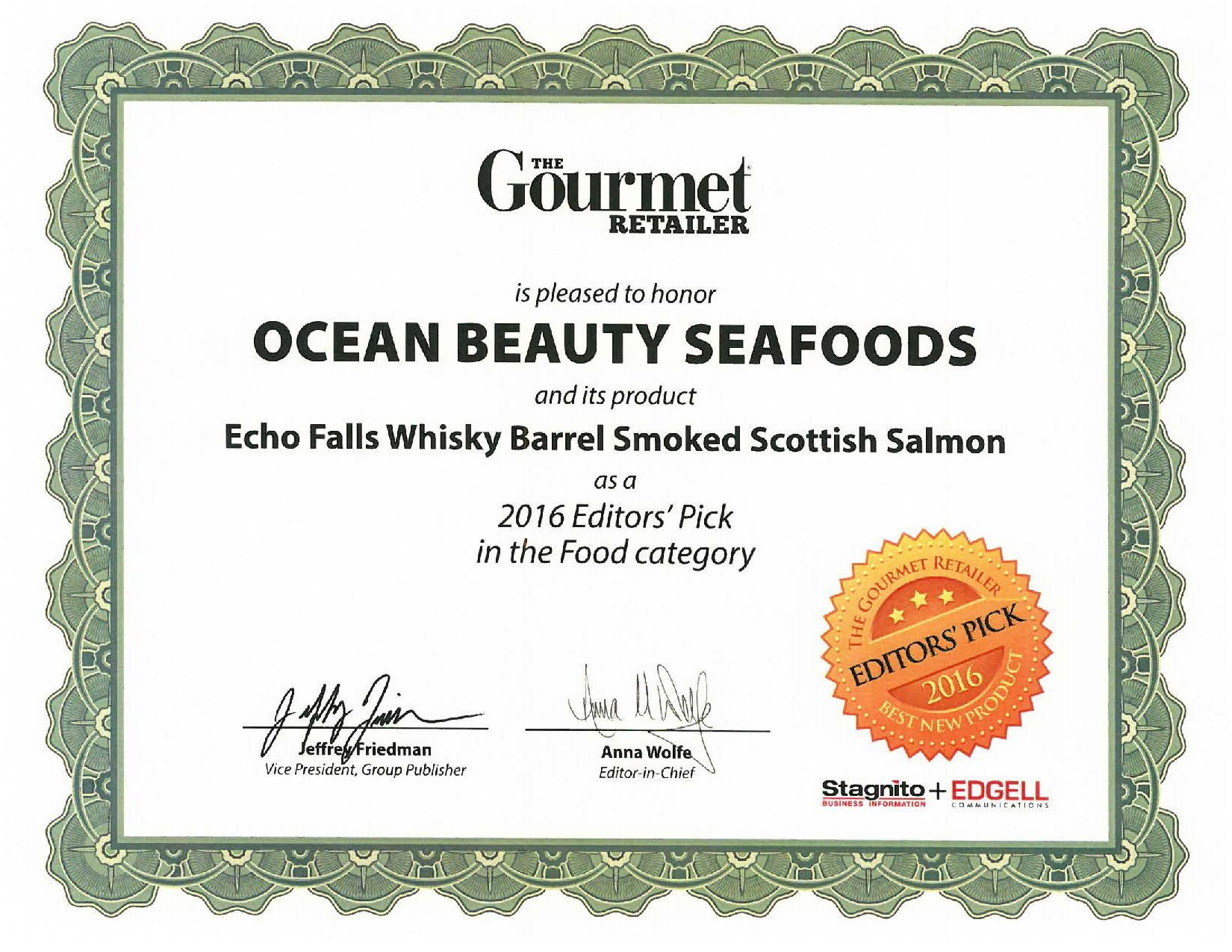 Echo Falls Smoked Salmon
 Gourmet Retailer Honors Echo Falls Whisky Cask Scottish