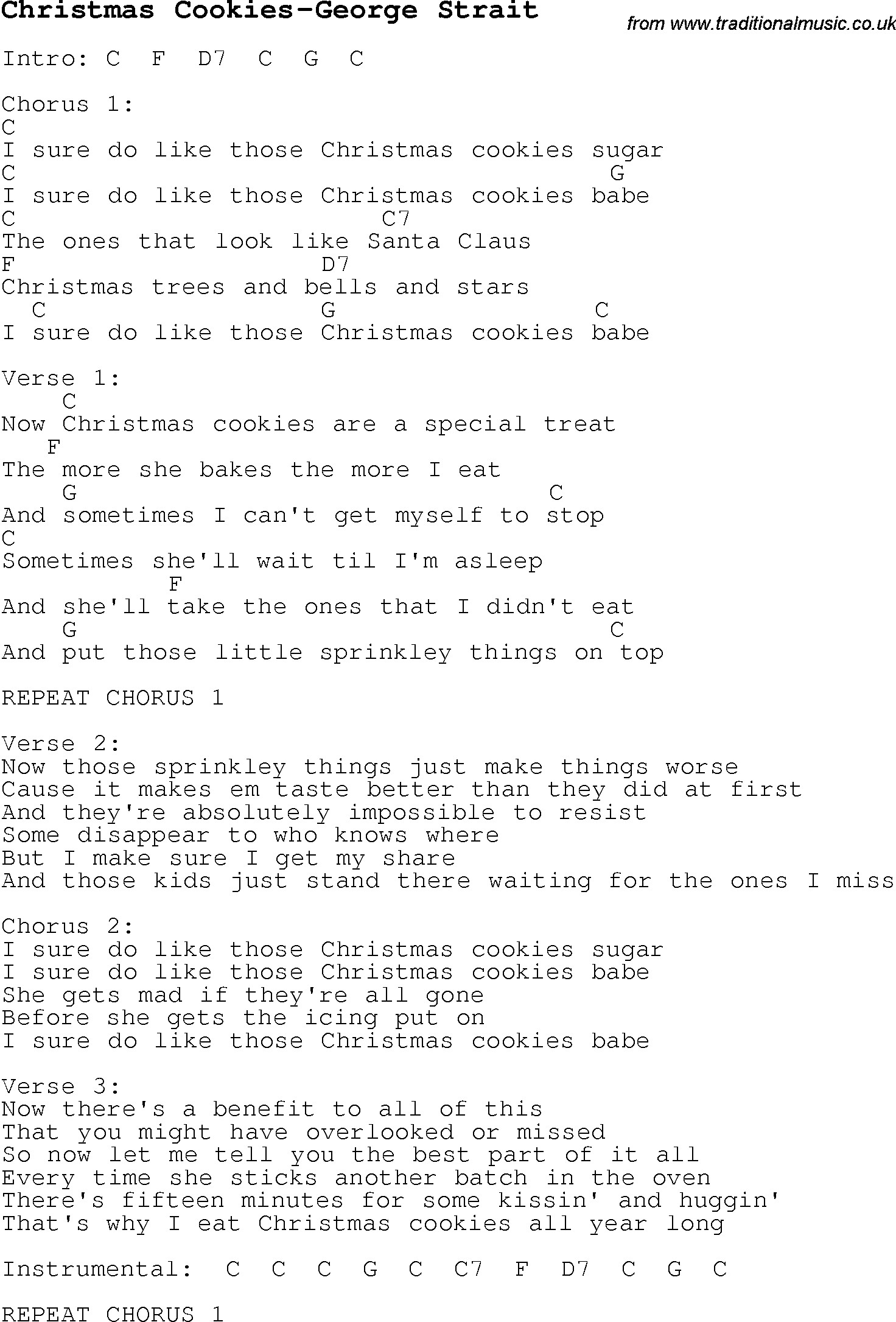 George Strait Christmas Cookies Lyrics
 Christmas Carol Song lyrics with chords for Christmas
