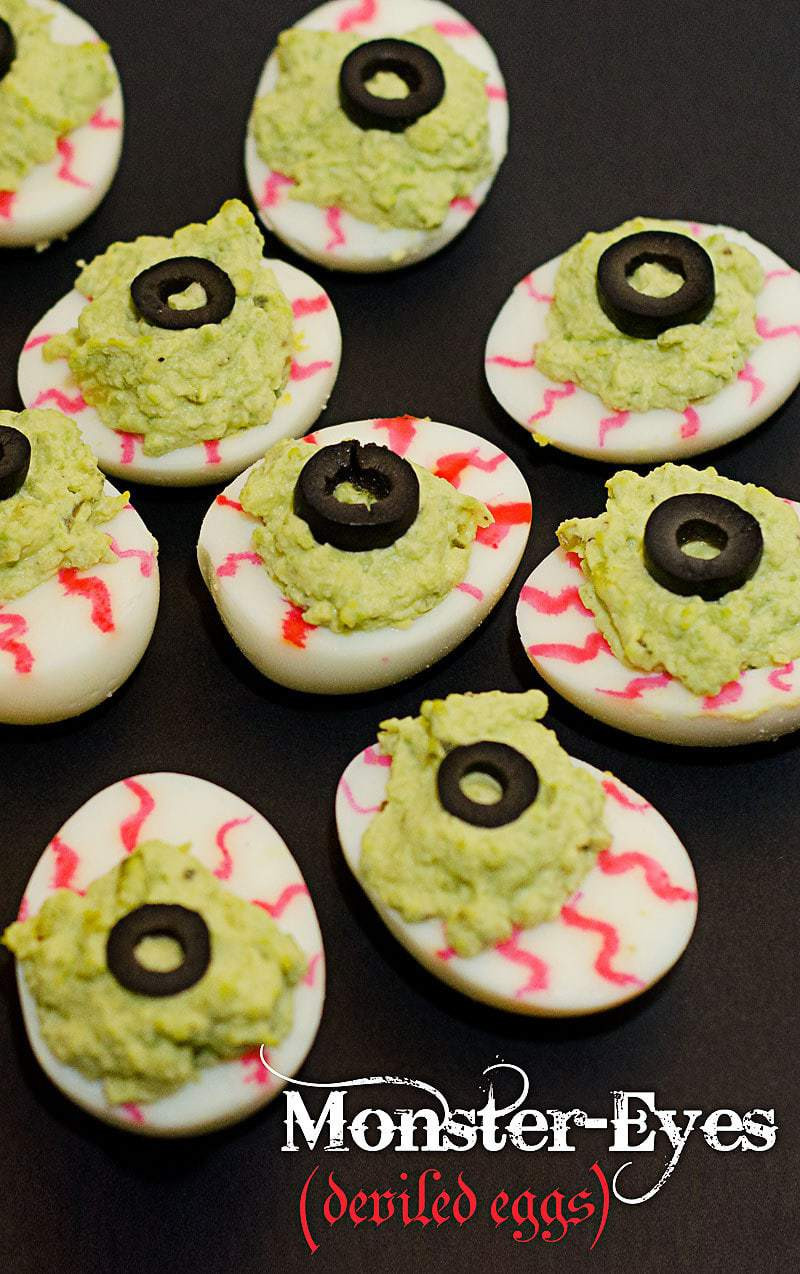 Halloween Deviled Eggs Eyeballs
 Spooky Monster Eyes Deviled Eggs for Halloween Scattered