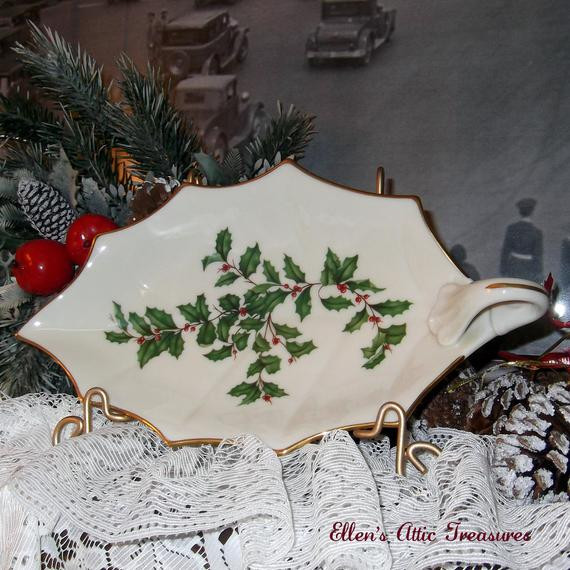 Lenox Christmas Candy Dish
 Vintage Lenox Christmas Candy Dish with Handle Holly Leaf