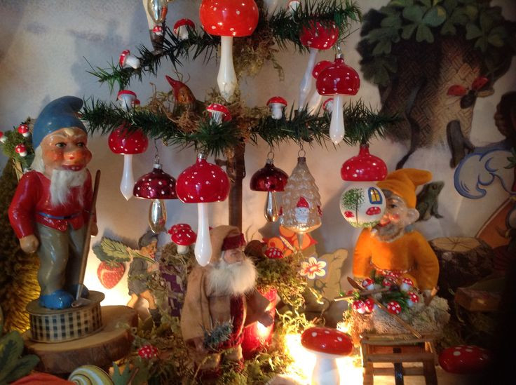 Mushrooms And Christmas
 Vintage Christmas gnomes spun cotton mushrooms and glass