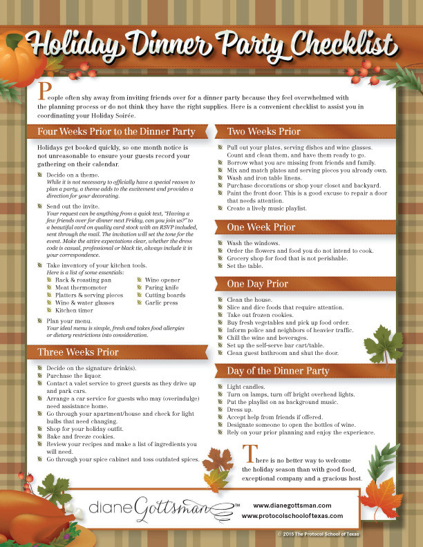 Planning Thanksgiving Dinner Checklist
 Holiday Dinner Party Checklist Diane Gottsman